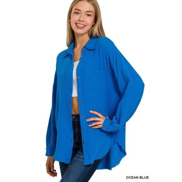 ✨ZENANA Blue Gauze Sz Large Top✨ - Picture 1 of 6